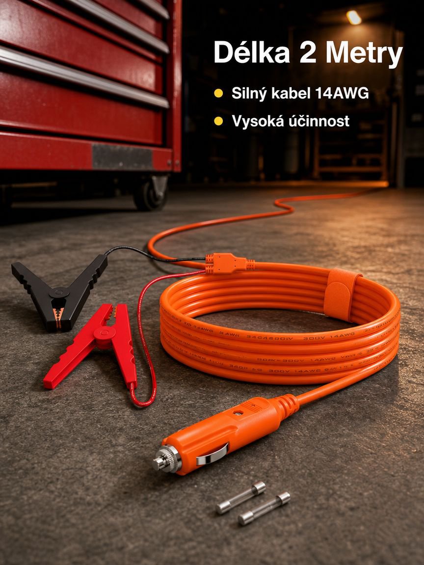 Nabíjecí kabel pro autobaterii 14AWG 2m zástrčka zapalovače na krokosvorky 12V