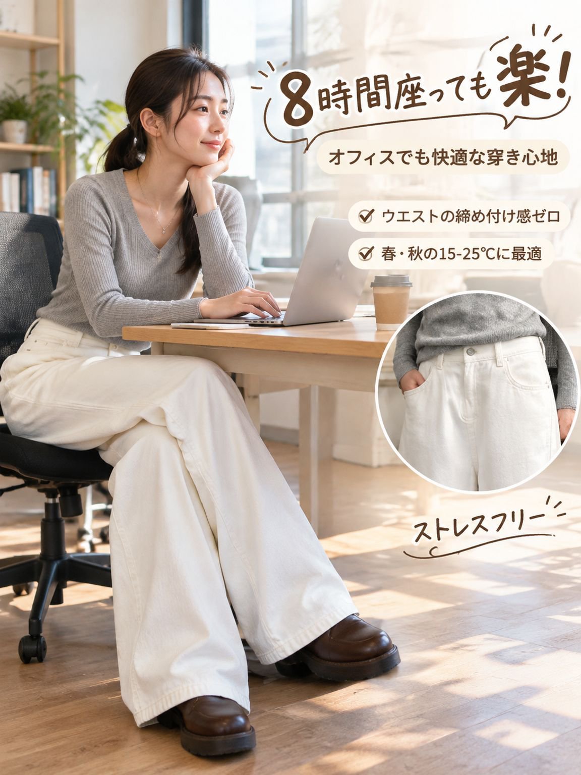 ホワイト カーブカット ワイドレッグジーンズ
