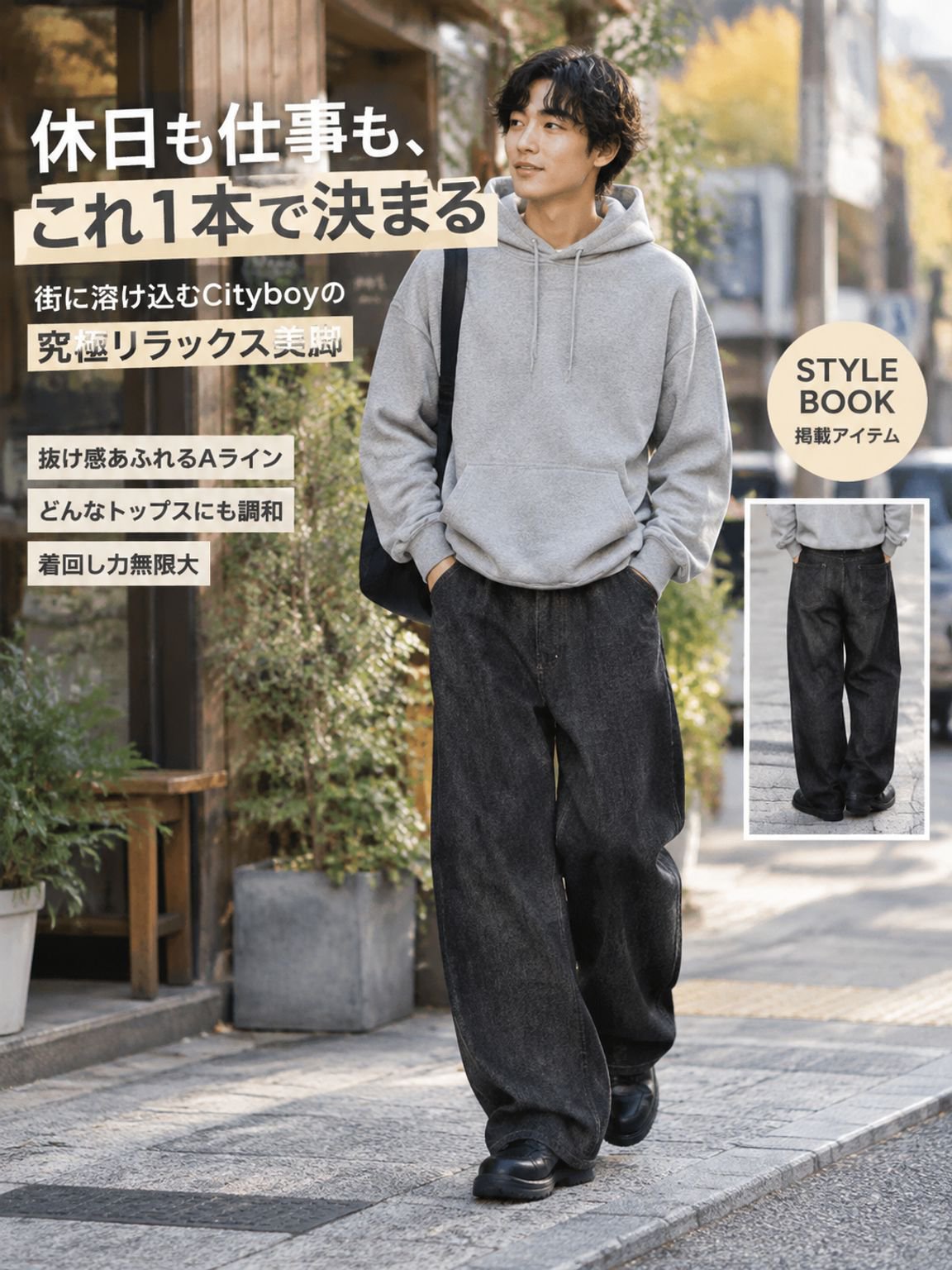 JASPO人間工学3D設計 14.5ozヴィンテージブラック ワイドフレアストレートデニムパンツ（脚長補正・無重力ドレープ）