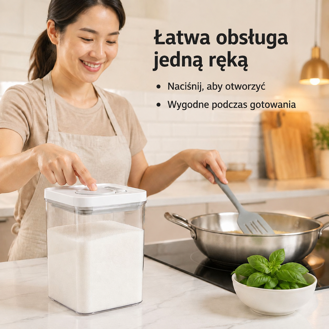 Plastikowy pojemnik na zboża z przyciskiem i szczelnym zamknięciem
