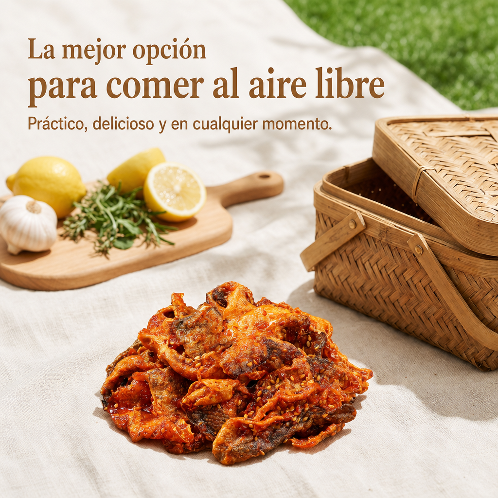 Piel de bacalao crujiente, dulce y picante, glaseada con miel.