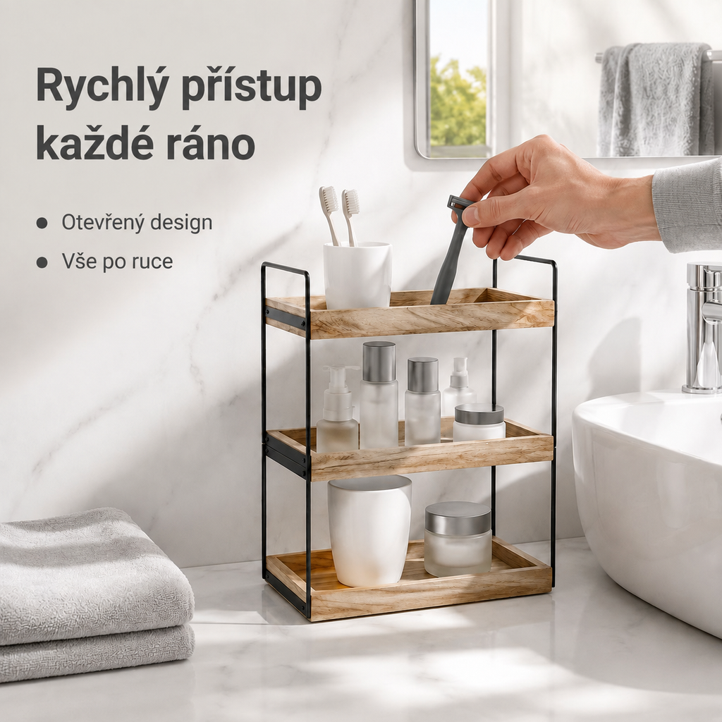 Kombinovaný koupelnový regál ze železa a dřeva