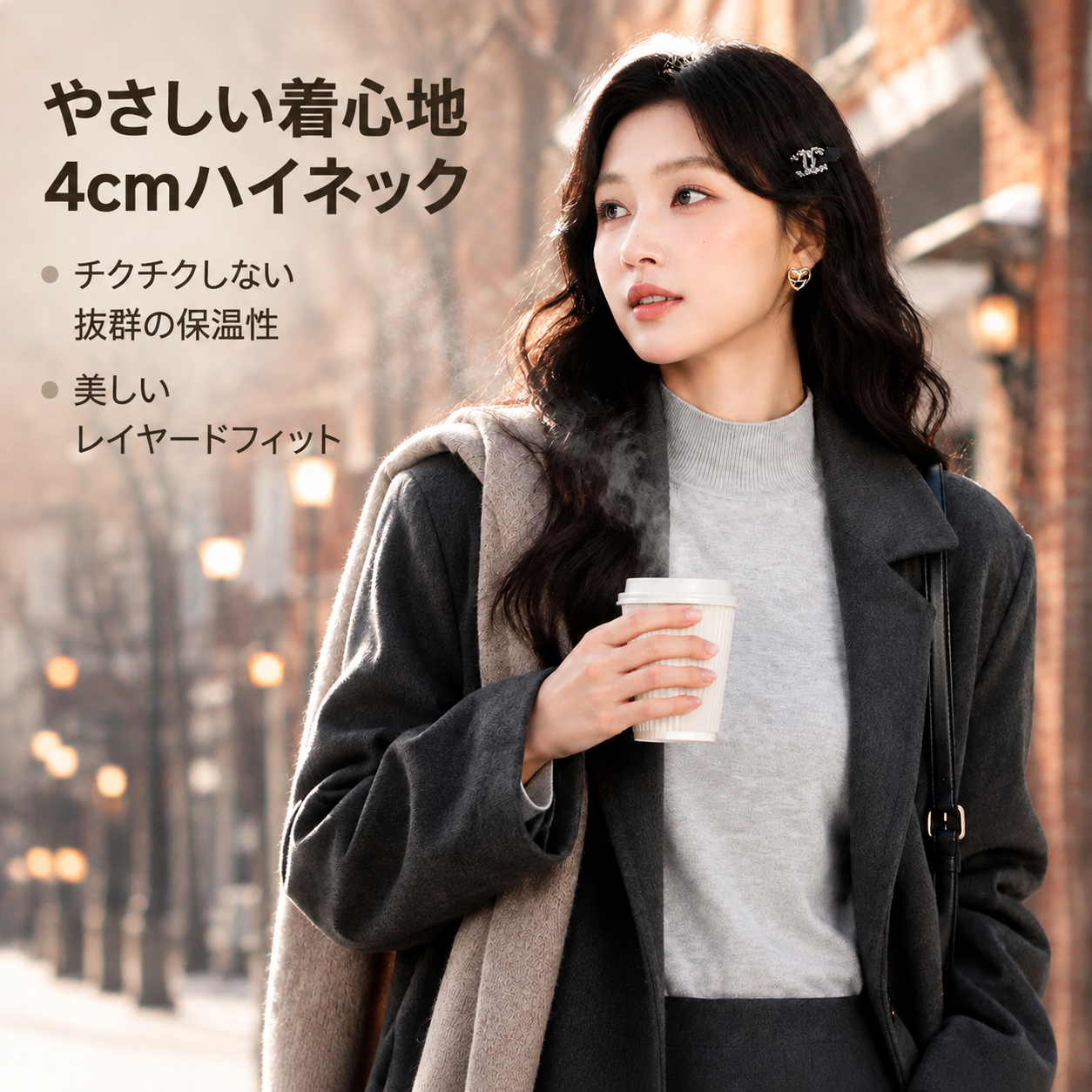 シンプルフレンチグレー女性用ハイネックニットインナー