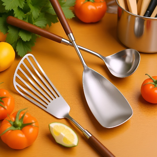 家庭用ヘラ ウォールナット・キッチン雑貨 クッキングステンレスヘラ ケーキ・スープ・スプーン・ナイフ・ヘラ ナイフ ヘラセット 鍋用食器