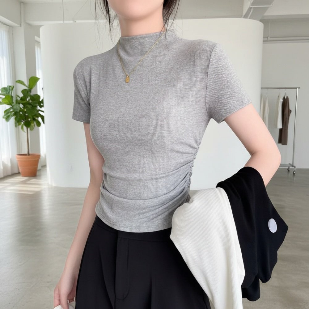 슬림 반폴라 학생 이너 티셔츠 착용 이미지