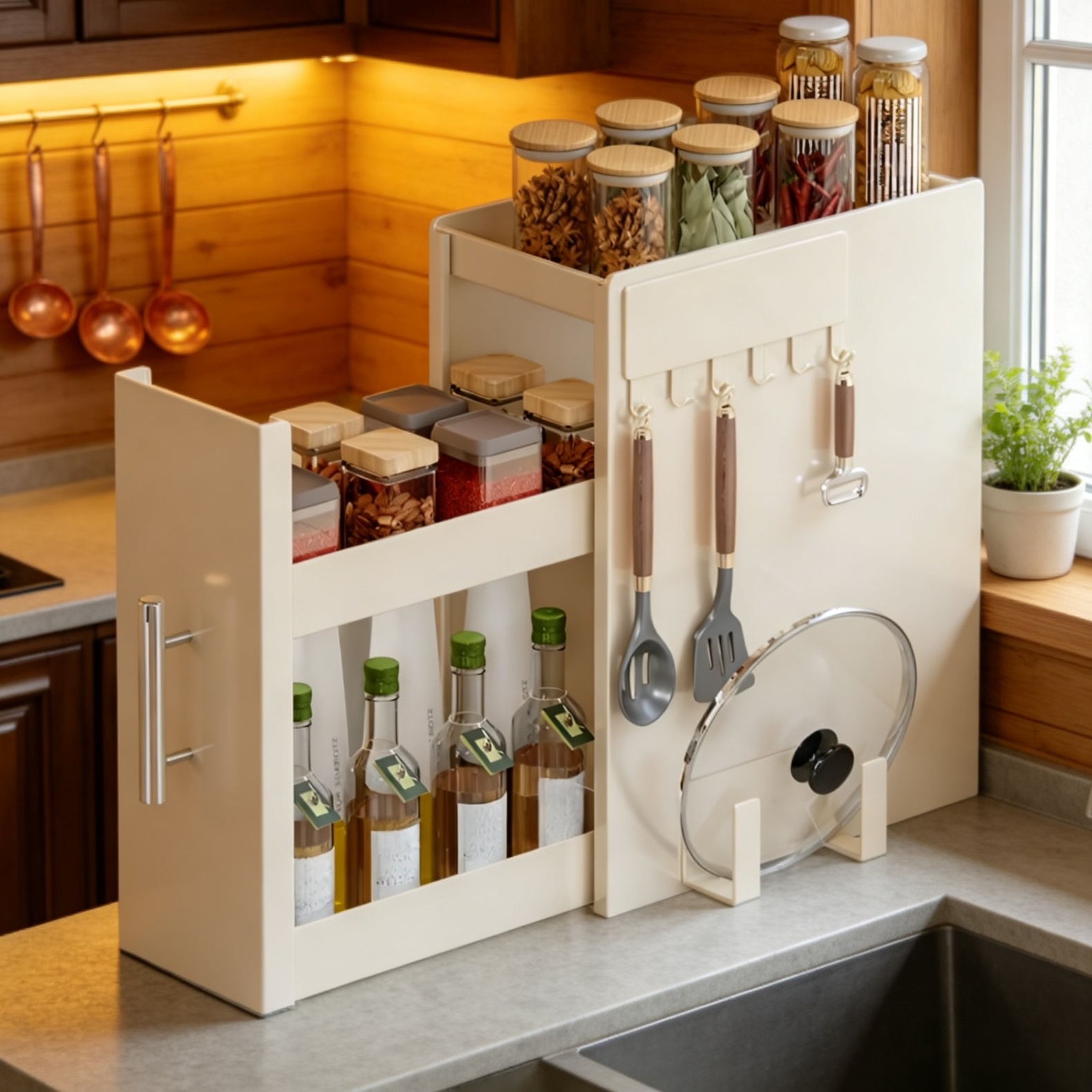 Organizador de especias de hierro, resistente al polvo, para cocina, diseño compacto de mesa