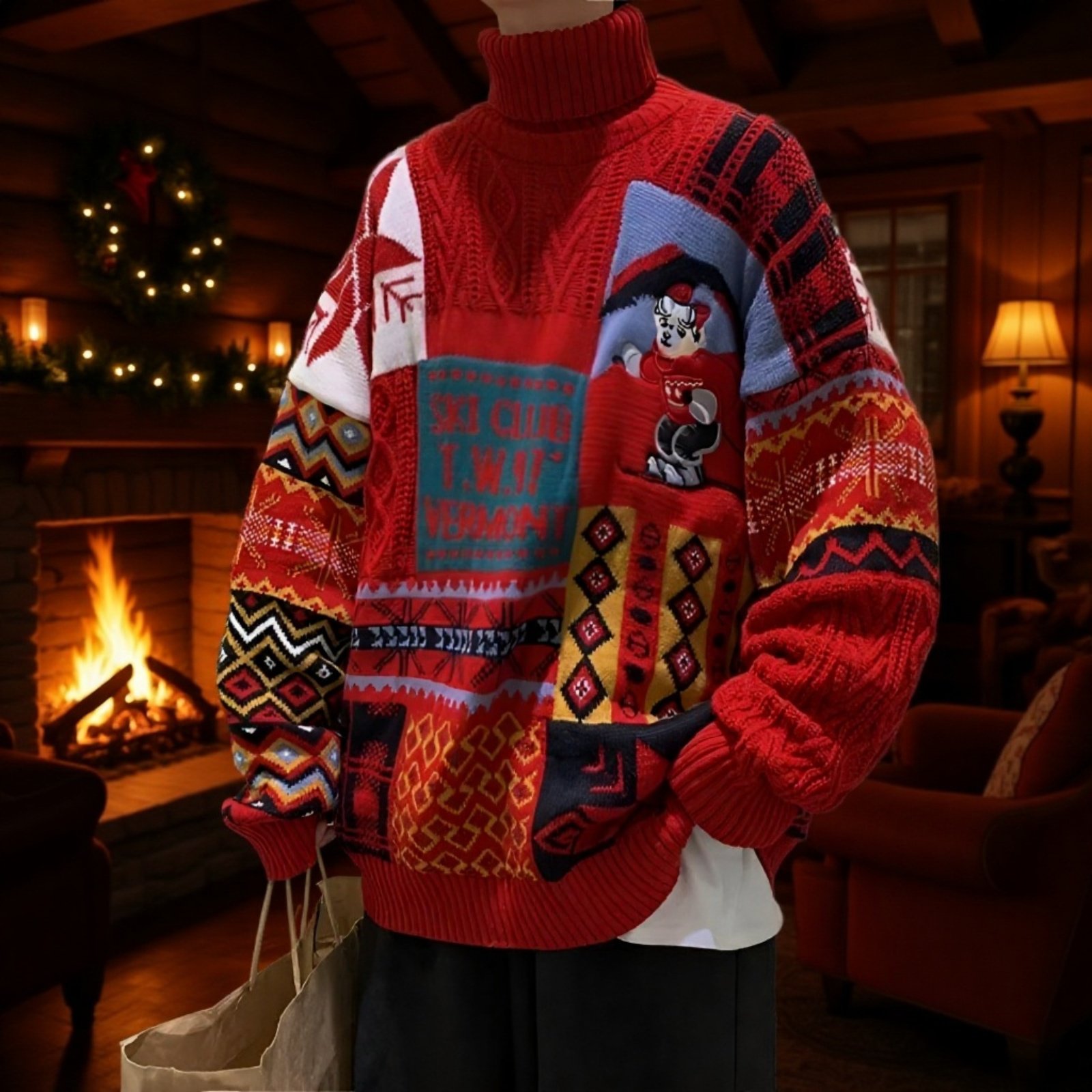 冬用クリスマスカップルセーター 高領 アメリカンスタイル 厚手ニット ゆったり 男女ペア