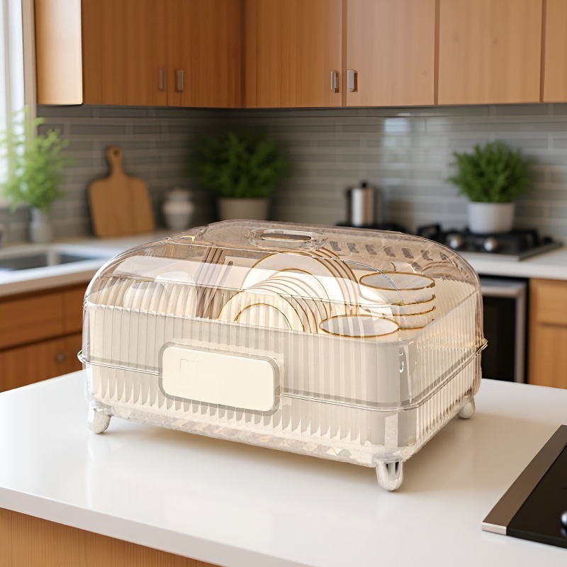 라이트 럭셔리 주방 물빠짐 그릇 선반 대용량 수납함 방진 뚜껑 달린 탁상 그릇 수납 정리기