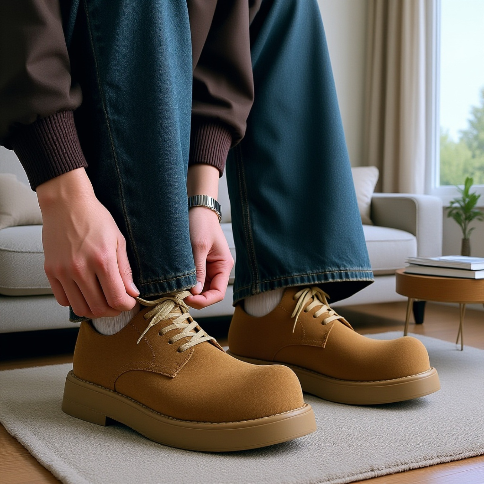 秋冬新作 メンズ デービーシューズ 厚底ローカット イエローブーツ 丸トゥ皮靴