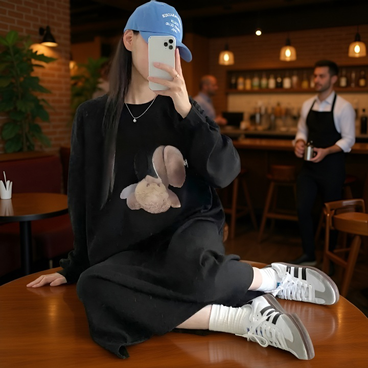 여성 긴팔 원피스 원피스 하프 기장 널찍하다 여유가 있다 느슨하다 묵히다 휴한하다 박형