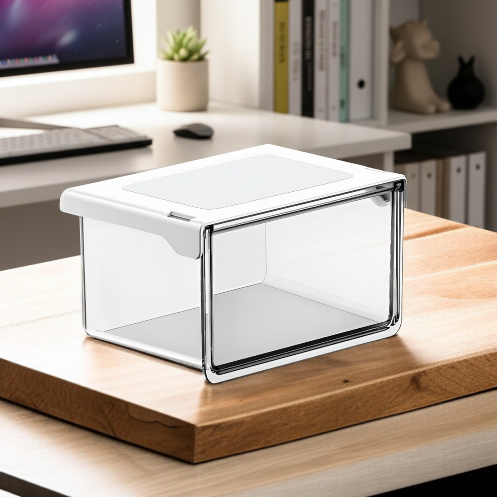33°の傾斜角度で出し入れしやすいテーブル下収納ボックス。シンプルで透明な引き出し式で、オフィス、トイレ、洗面台、バスルームなどに最適な防水収納ボックスです。