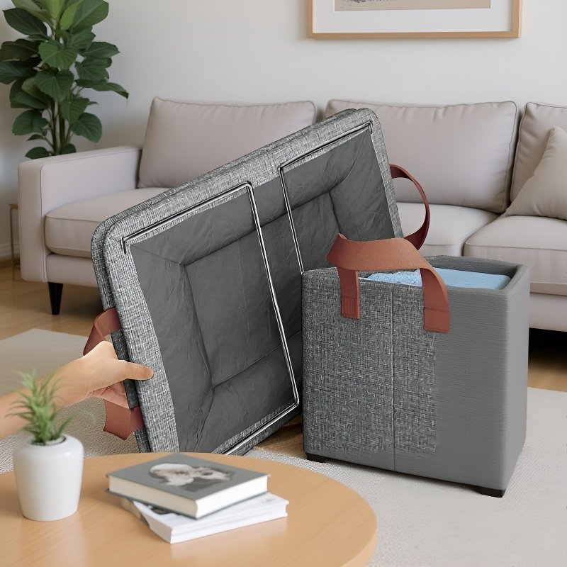 Collapsible storage bin filled with neatly folded clothes