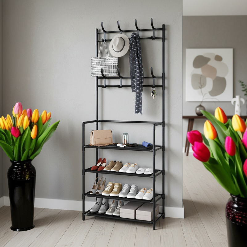 Multifunctional clothes rack and shoe organizer with door hook