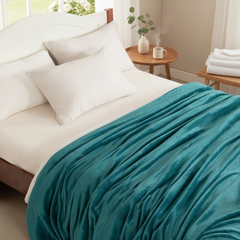 Double-sided thick flannel blanket on bed