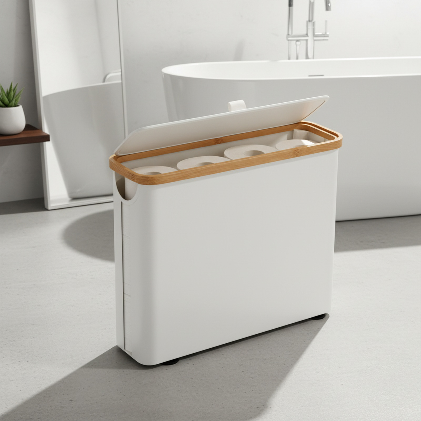 Elegant tissue box organizer on bathroom shelf