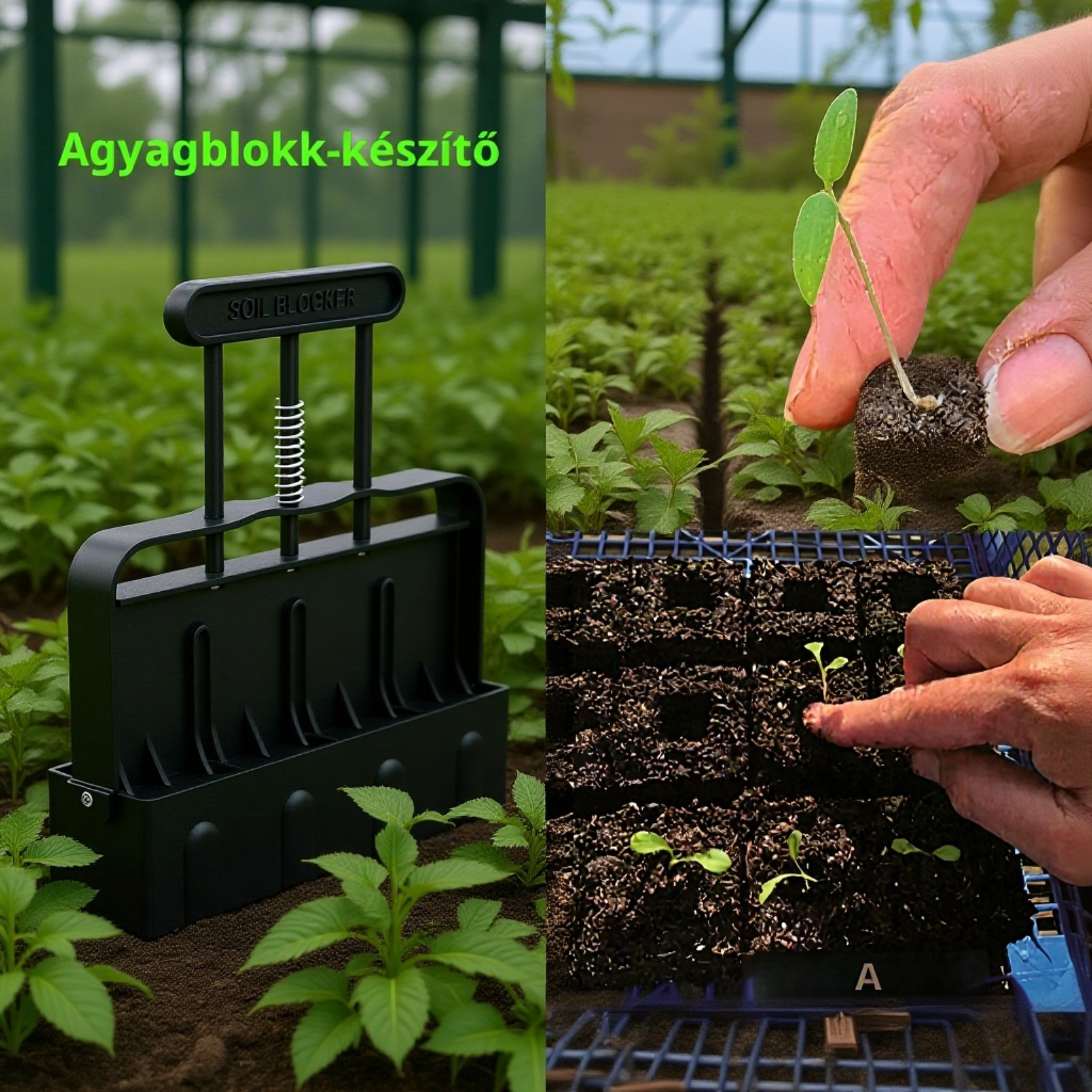 Kézi talajtömb készítő kerti vetőeszköz használat közben