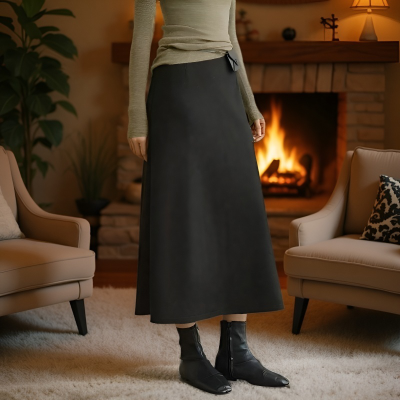 겨울 블랙 드롭 레귤러 미디 스커트 컬러 기모 미디 스커트