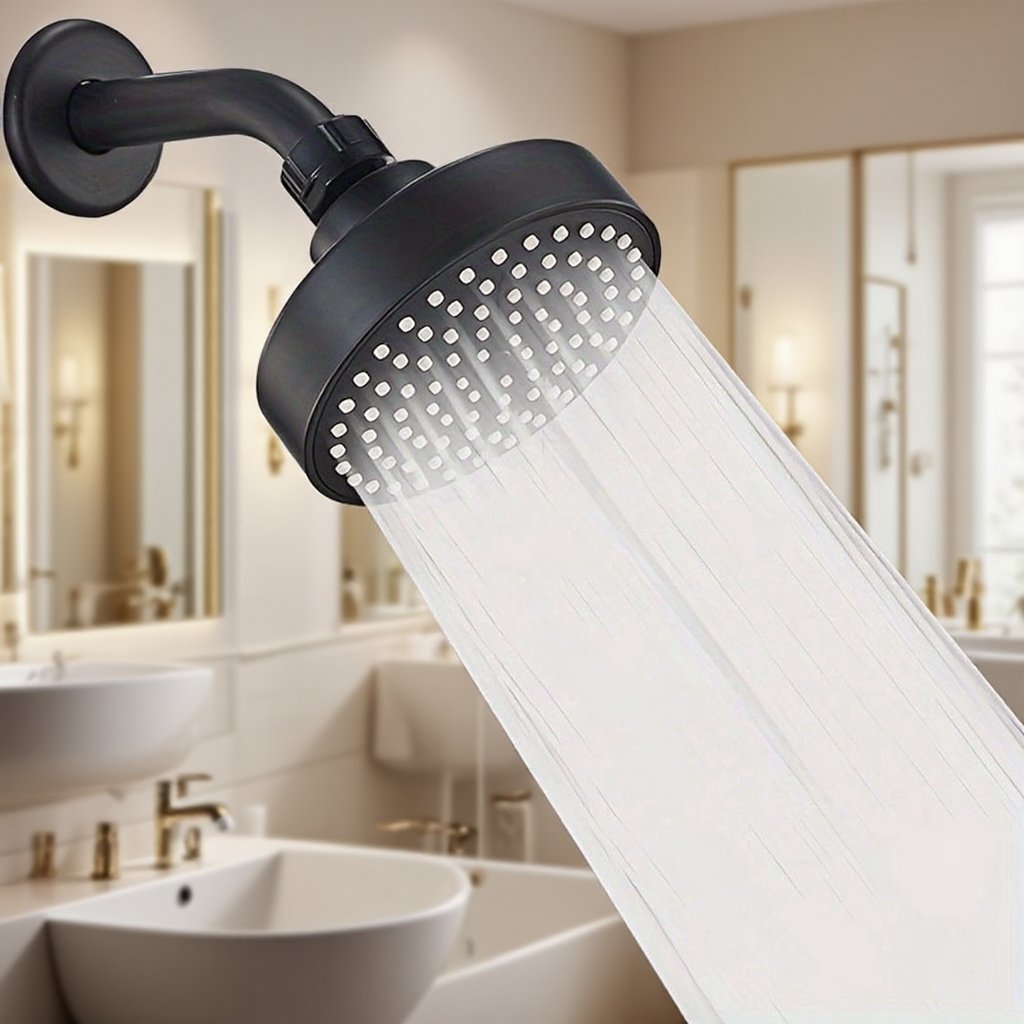 Modern wall mounted showerhead installed in bathroom
