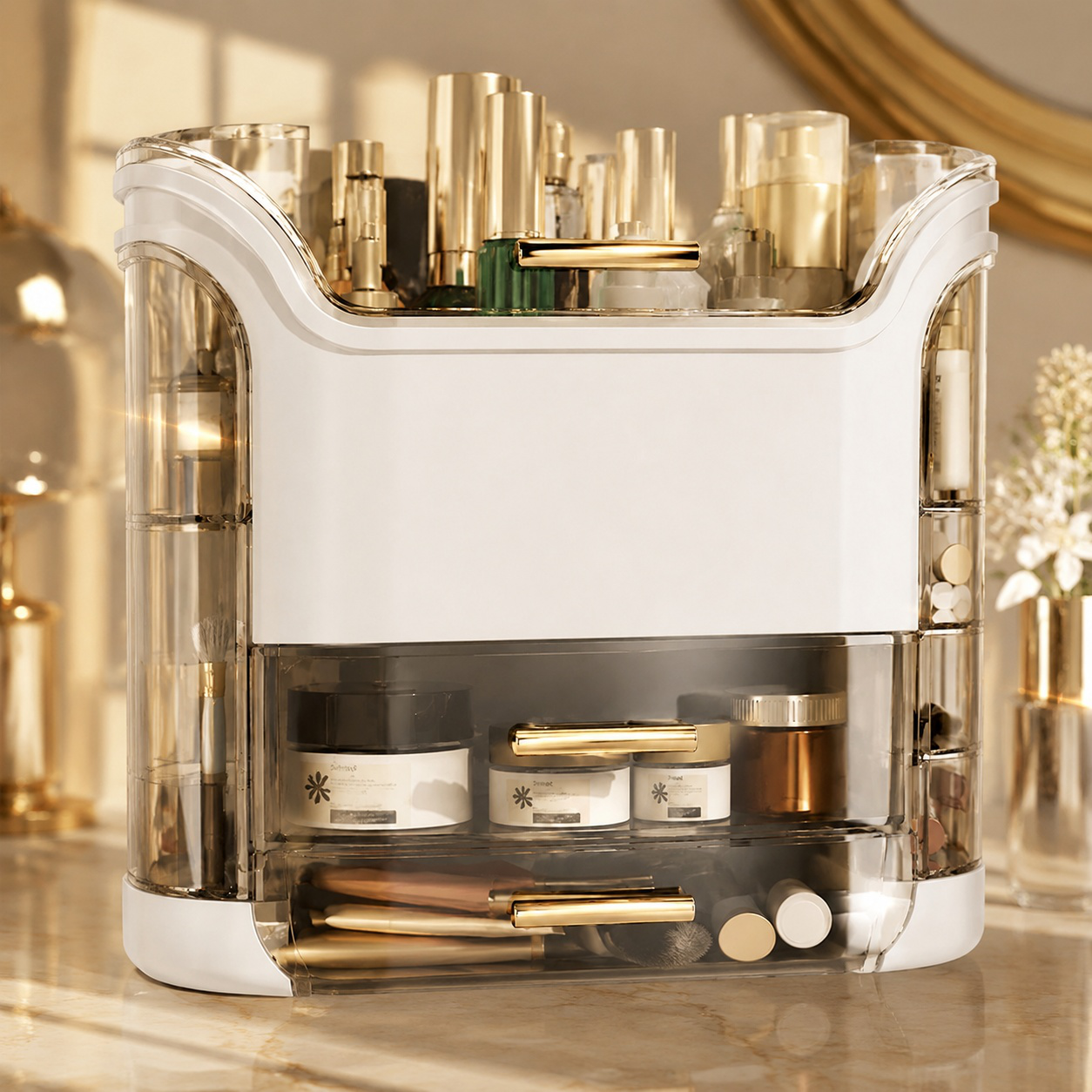 Large capacity makeup organizer for cosmetics and brushes