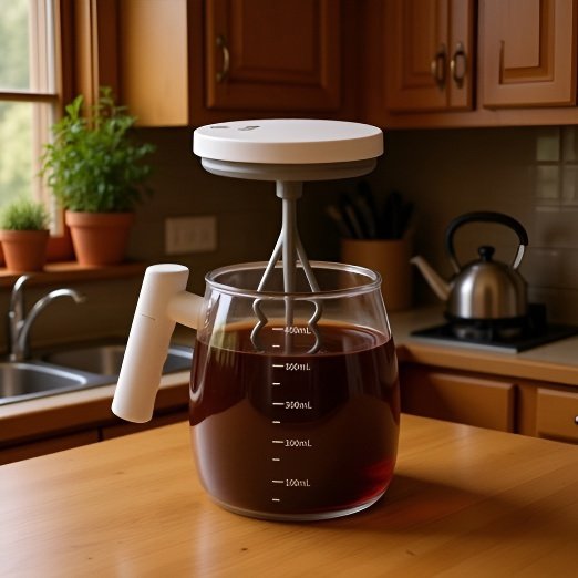Spill-proof electric coffee cup with ergonomic handle