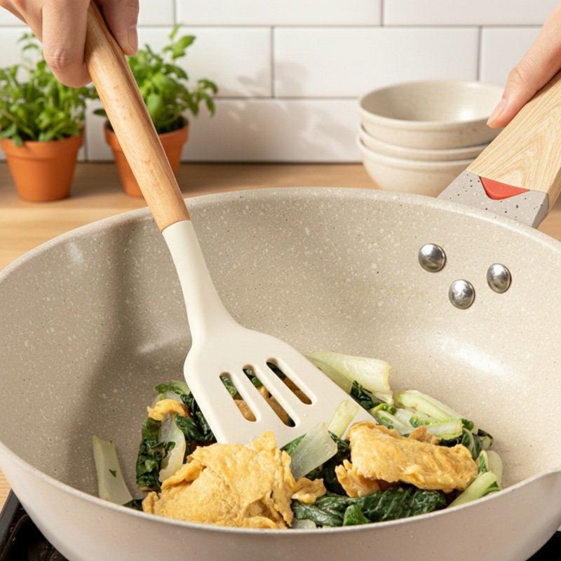 Heat-Resistant Wooden Handle Silicone Kitchenware 3-Piece Set (Soup Spoon, Spatula)