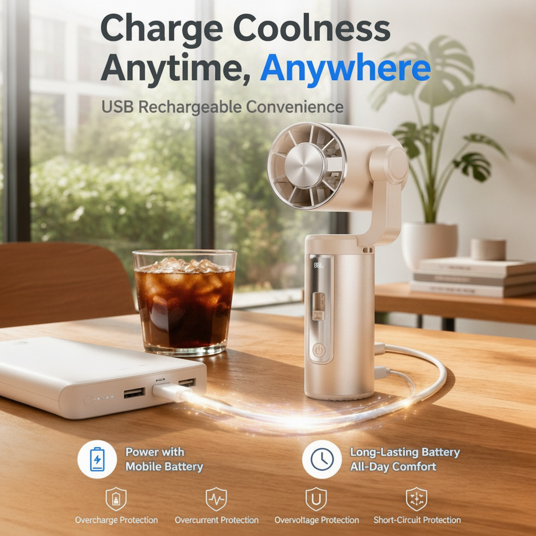 Portable Handheld Neck Hanging & Desktop Fan with Ice Cooling