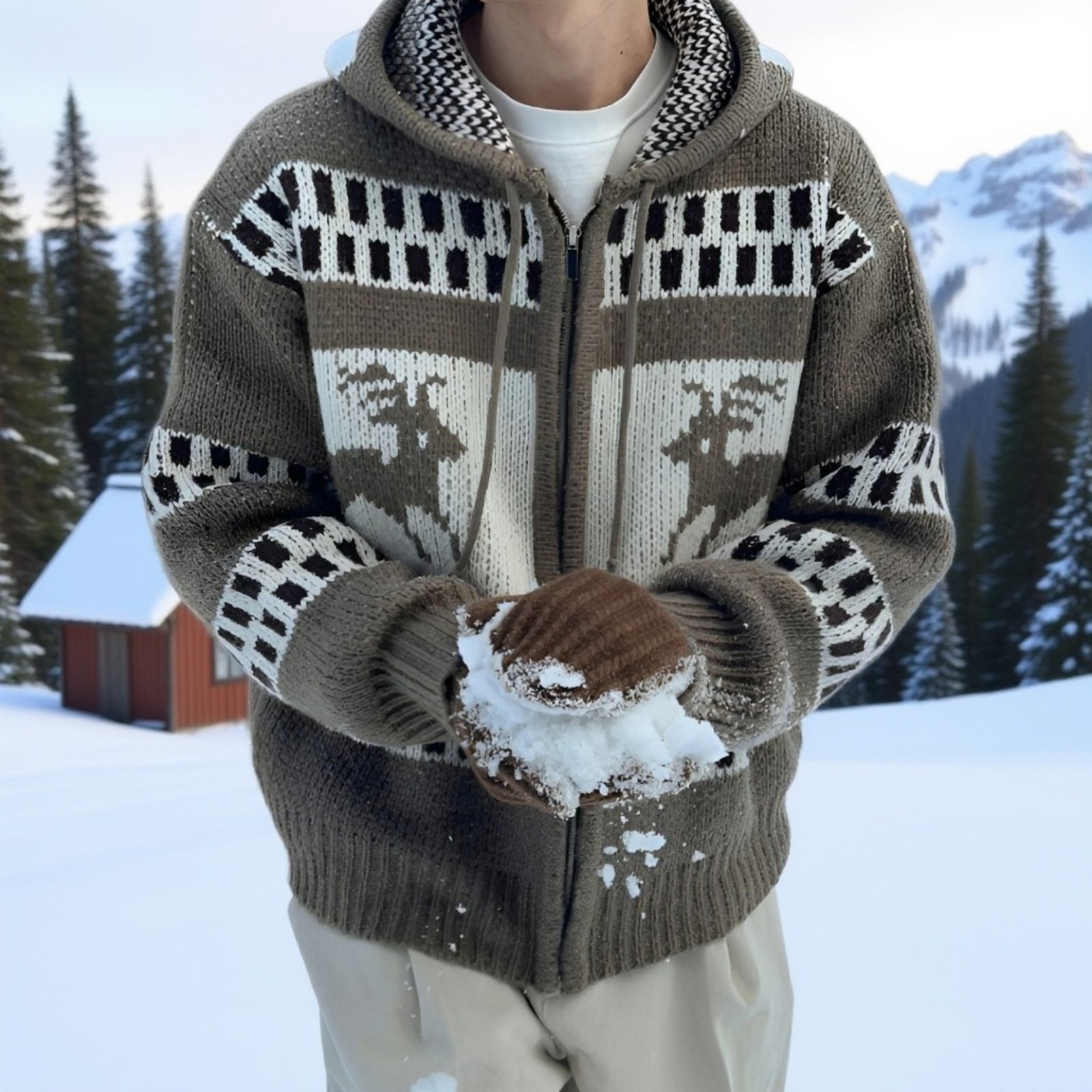 冬用 メンズ クリスマス ジップパーカー フェアアイル模様 ゆったりカーディガン