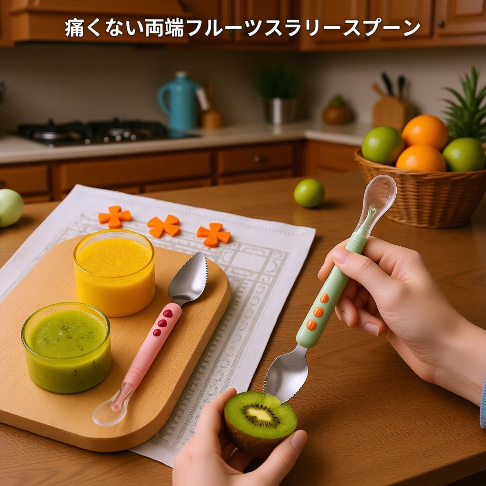 ステンレス製ベビー用フルーツ離乳食シリコンスプーン 子供用食器