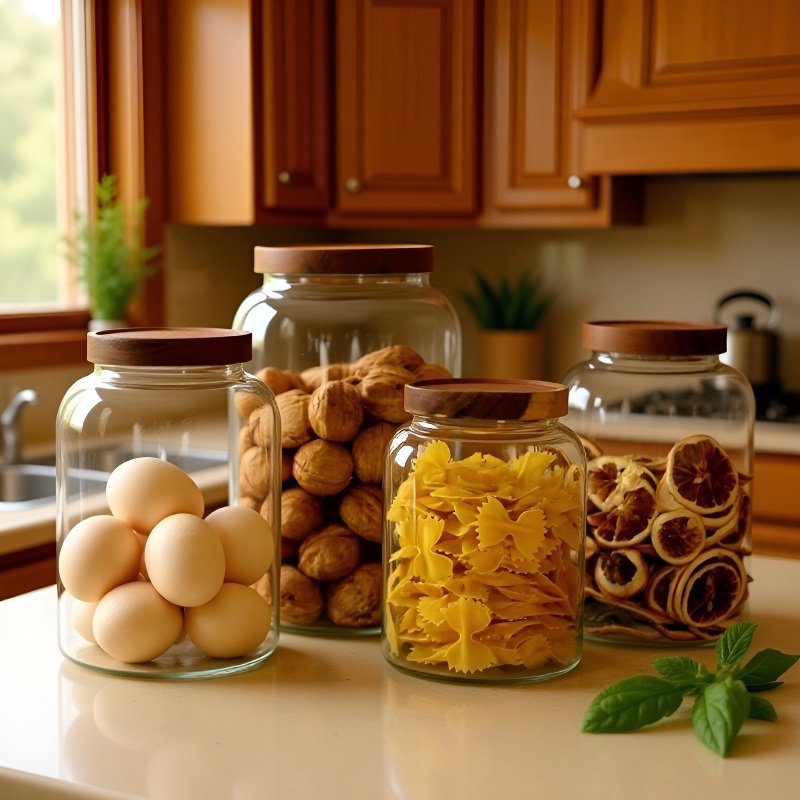 Szerokootwarty szklany pojemnik na ciasteczka z pokrywką z drewna akacjowego do kuchni