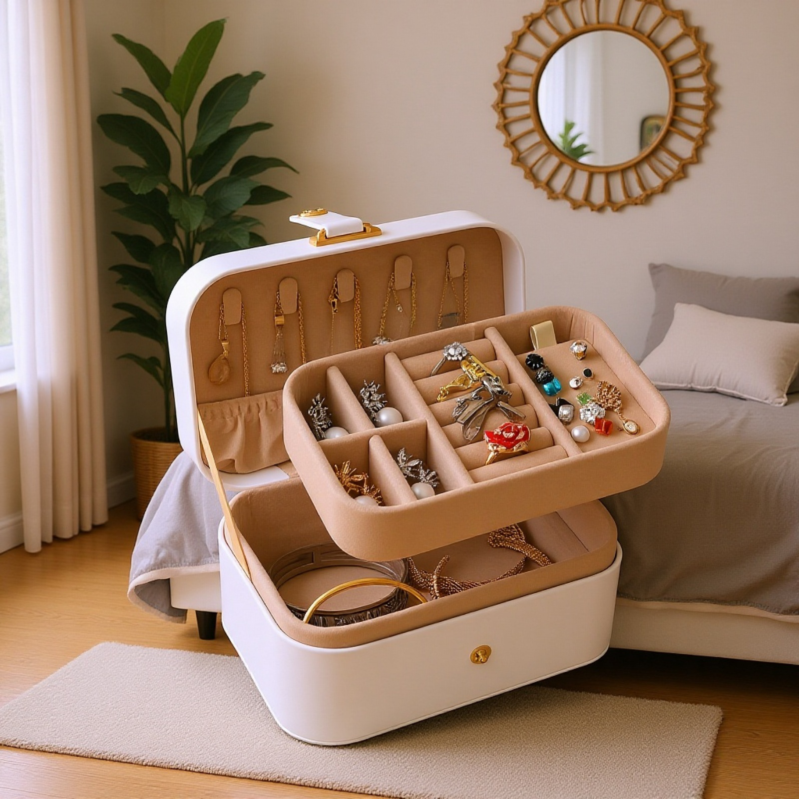  Két szintes utazó ékszerdoboz gombos fedéllel, hordozható tárolódoboz
