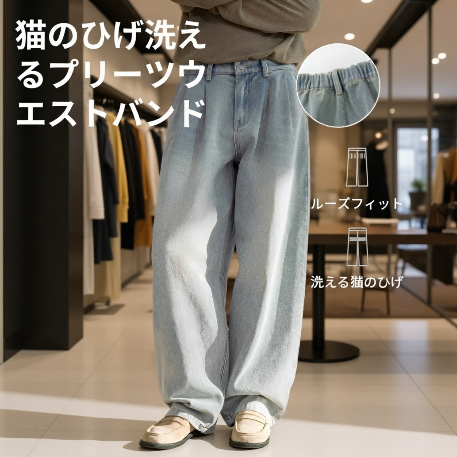 メンズ春用 レトロカットジーンズ ライト＆リラックス 大きめサイズ ゆったりストレートパンツ