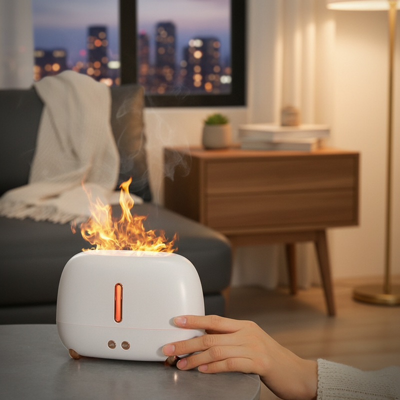 Humidificador USB con llama de colores, difusor de aroma, luz ambiental para oficina y hogar