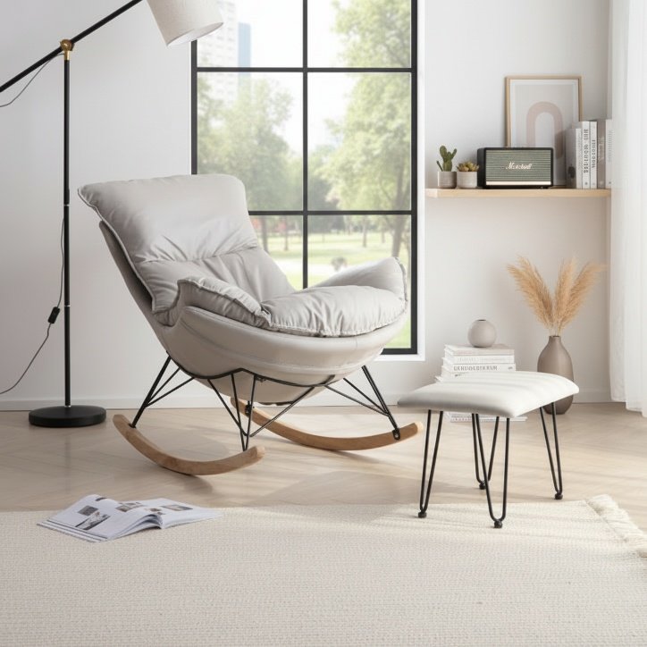 Eleganter nordischer Einzelschaukelstuhl, Freizeitsofa, Mittagsschlafstuhl für Balkon