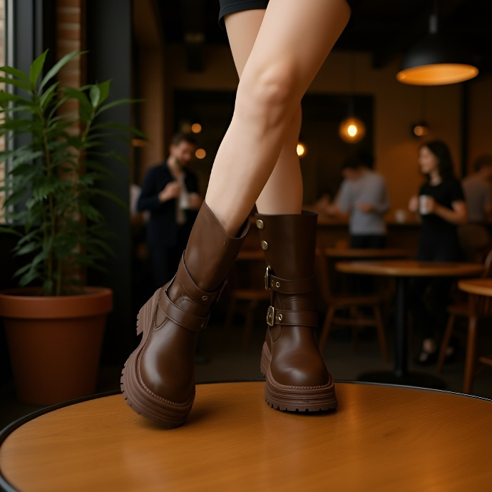 英国風ブーツ、女性用、2025年春秋新作、シングルブーツ、レトロレディースシューズ、ミドルブーツ、厚底ブラックショートブーツ