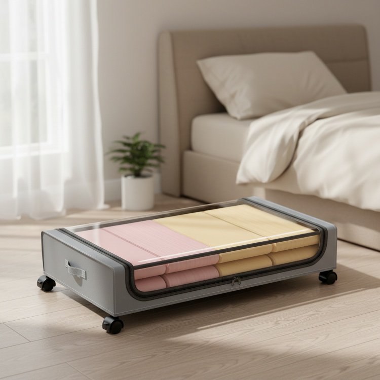 Wheeled, dustproof, covered folding under-bed storage box