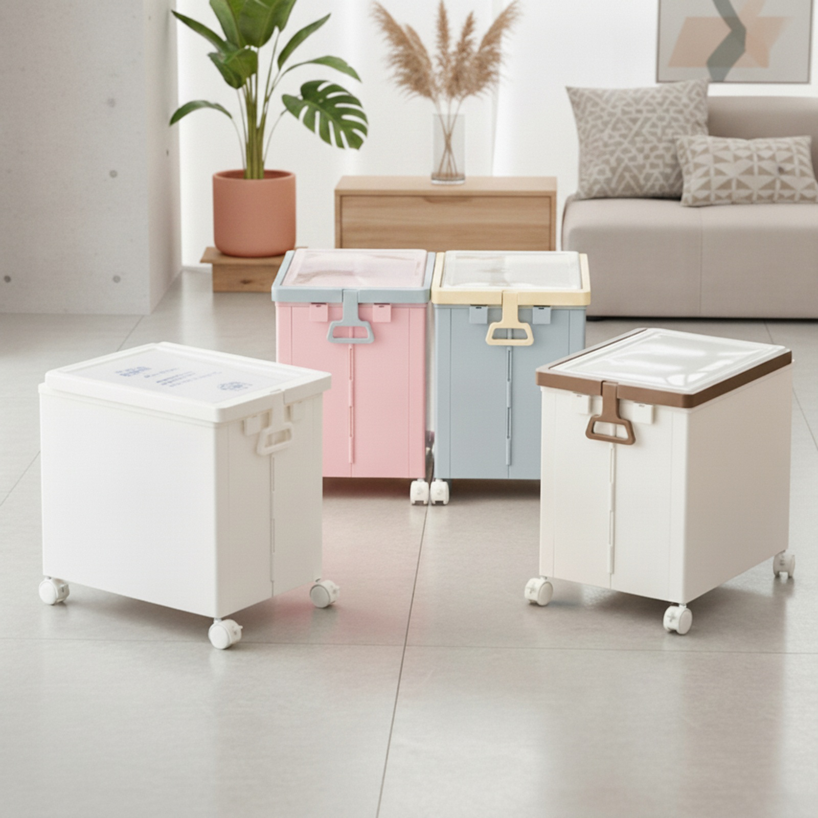 Portable under-desk trolley with wheels and lid for storing books, snacks, and other items; a foldab
