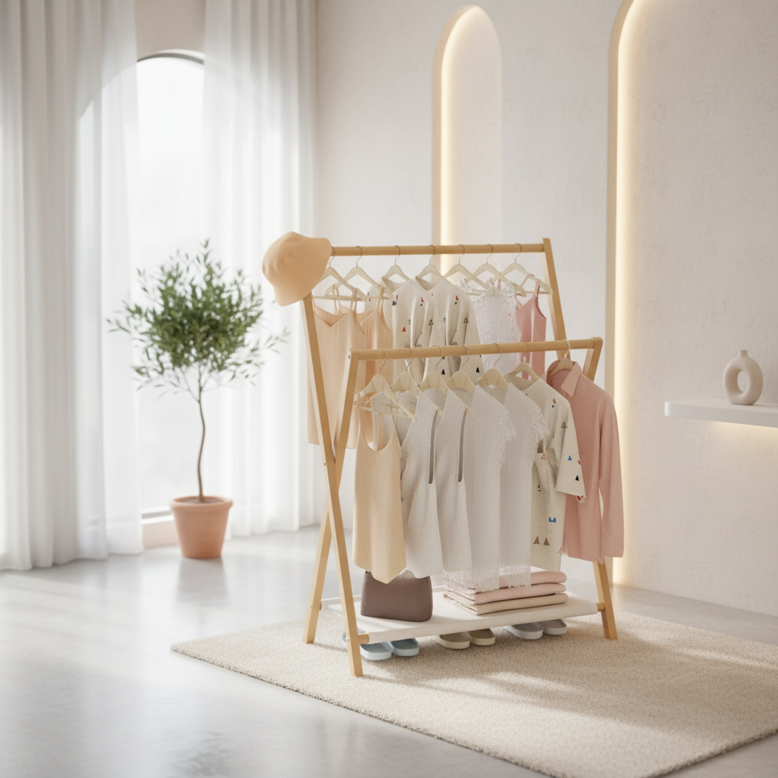 Bamboo folding indoor clothes rack in living room