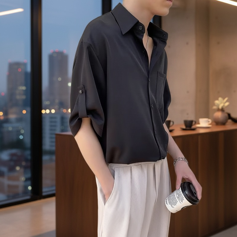 남성 다크 그린 노 아이론 루즈 반팔 셔츠