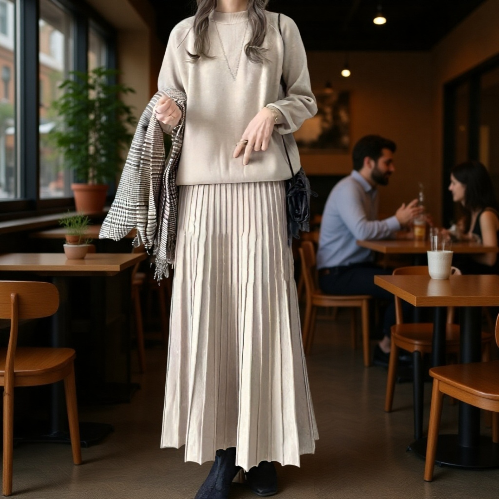 細見えハイウエスト万能プリーツAラインスカート女性用無地セミスカート2点セット