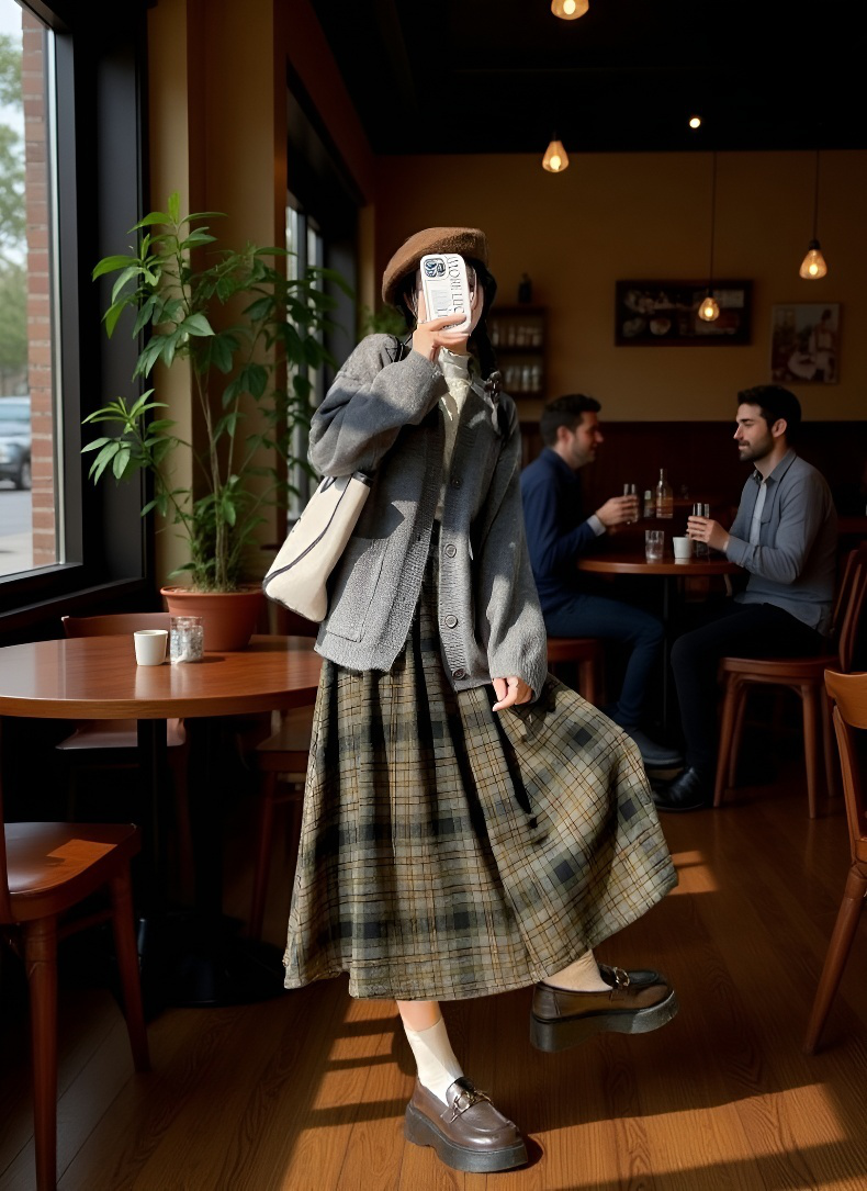 겨울 패션 체크 미디 스커트 스타일링 예시