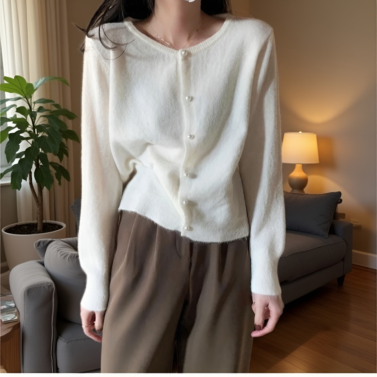 여성 니트 가디건 긴팔 솔리드 상의 진주 버클 여성 봄가을 라운드 니트 가디건 부드러운 니트 코트