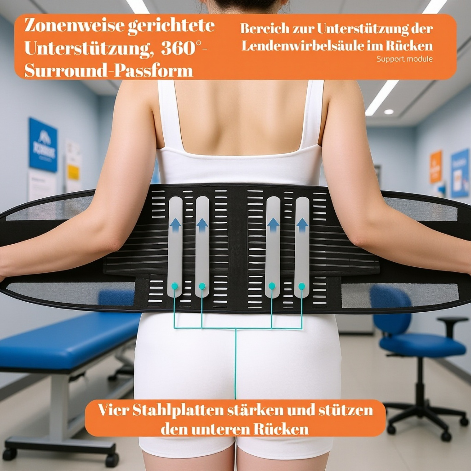 Verstärkter atmungsaktiver Lendenwirbelstützgürtel mit Stahlplatten, Gesundheitsbandage