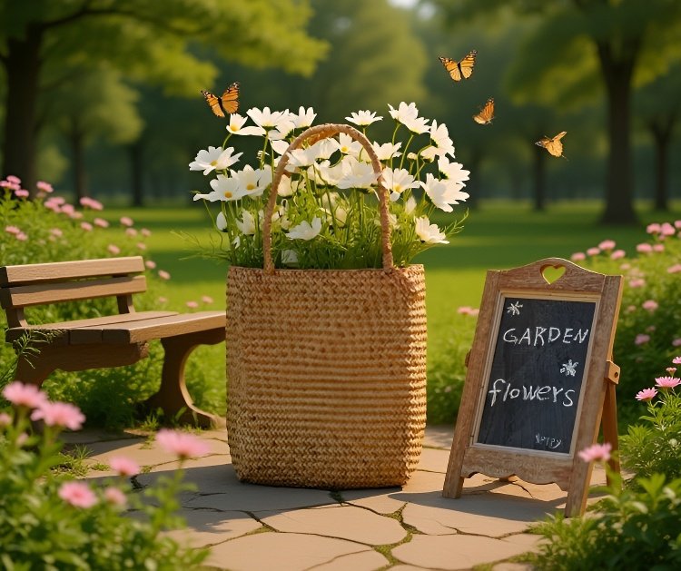 Ručně tkaný mořský řasový květinový košík detail