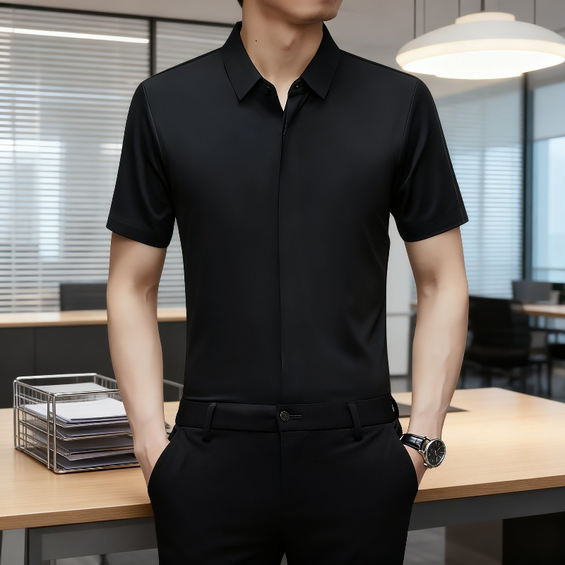 ビジネスメンズファッションシャツ 中年男性用ノンマーキング高弾性アイスシルク半袖シャツ サマーファッション・ビジネスシャツ