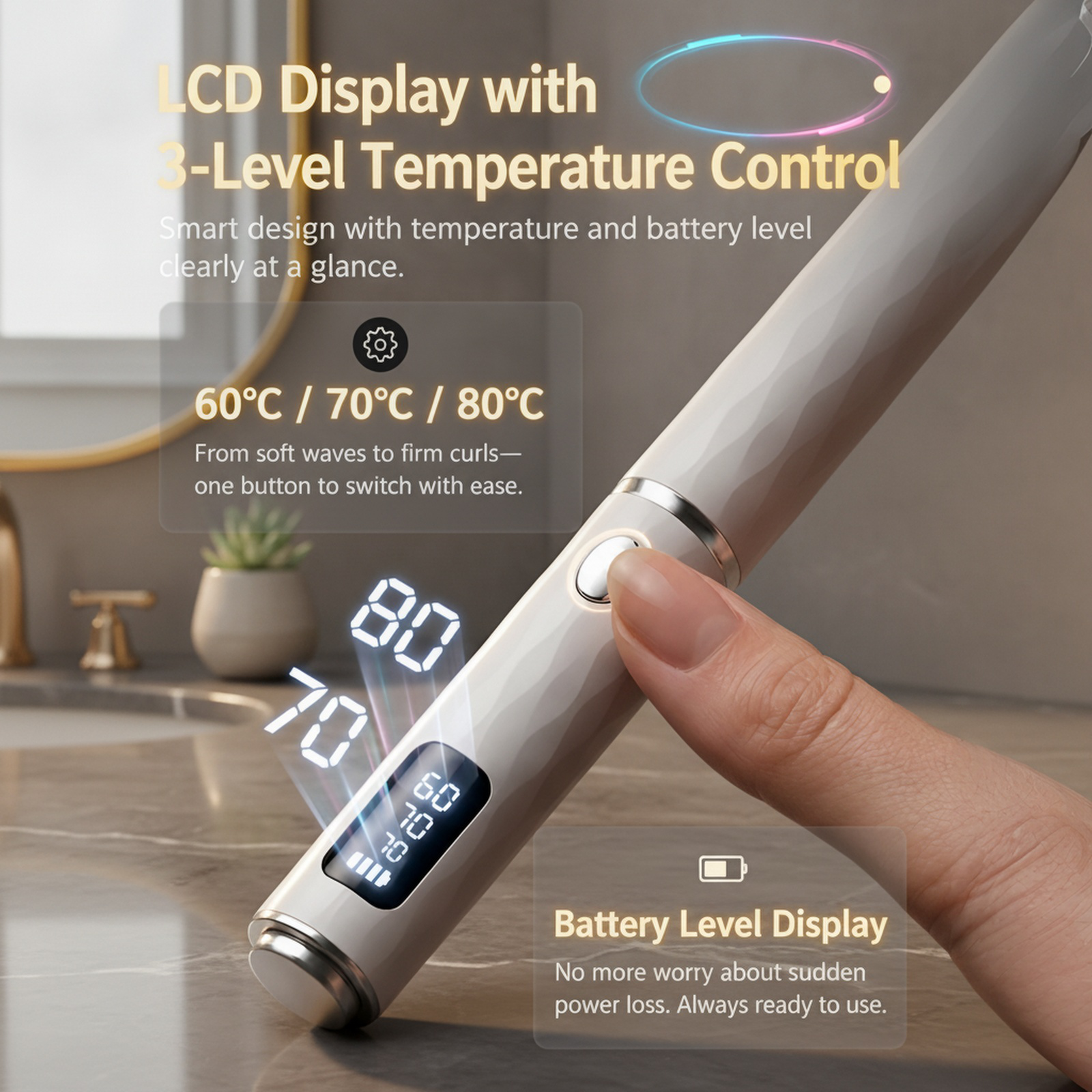Electric eyelash curler with three temperature settings and LCD screen display. This eyelash curling