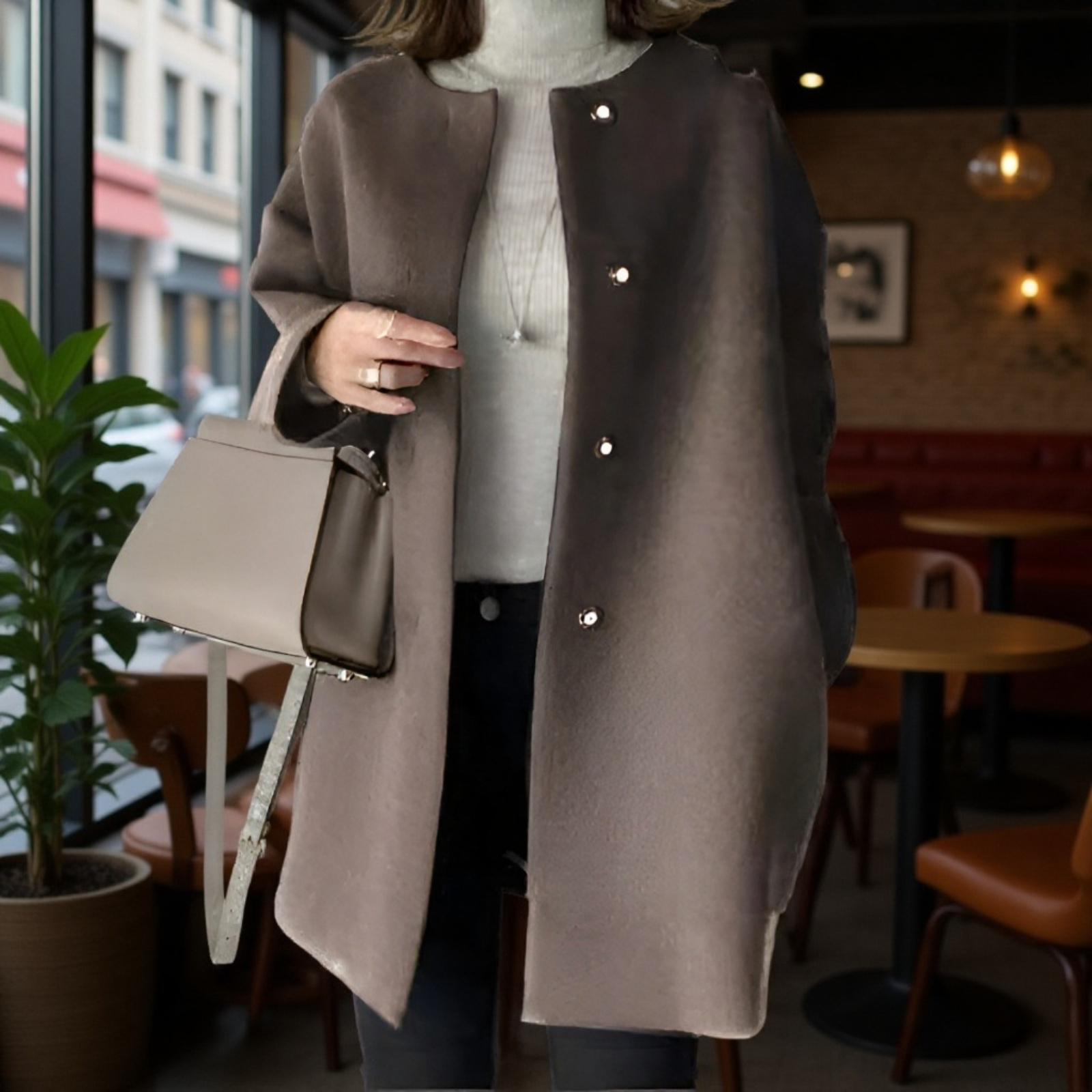 【Brelia-jp】上質なゆったりとした和風ストレートカットコート、レディース、秋冬、上品な無地、シンプルなウールオーバーコート。