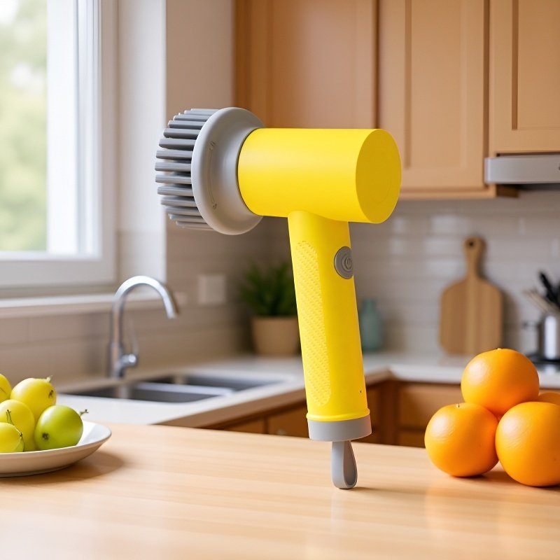 Close-up of electric cleaning brush scrubbing bathroom sink