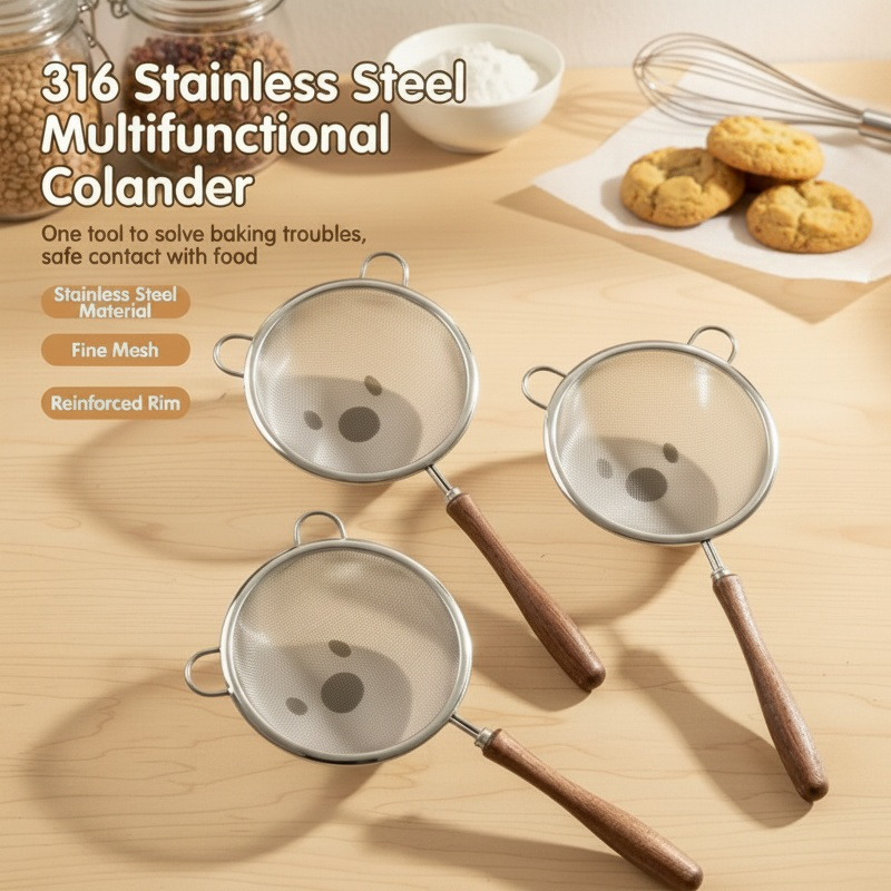 Multipurpose fine mesh strainer with wooden handle for kitchen use
