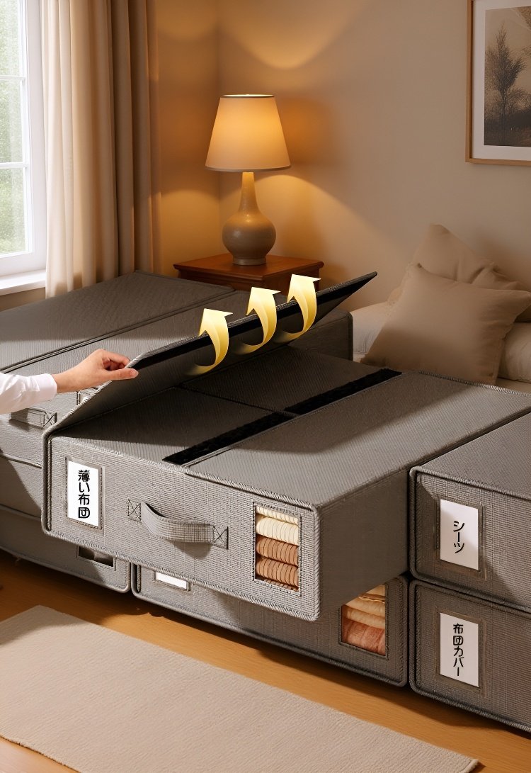 クローゼットに収まるシーツ収納ボックス
