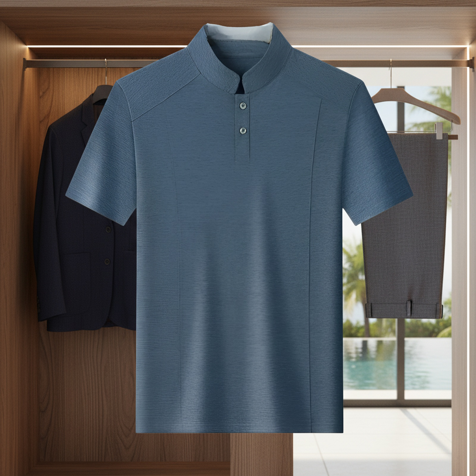 スタンドカラーの半袖Tシャツ（メンズ）、ファッショナブルでトレンディ、ハンサム、無地、軽やかな高級感のあるメンズウェア。